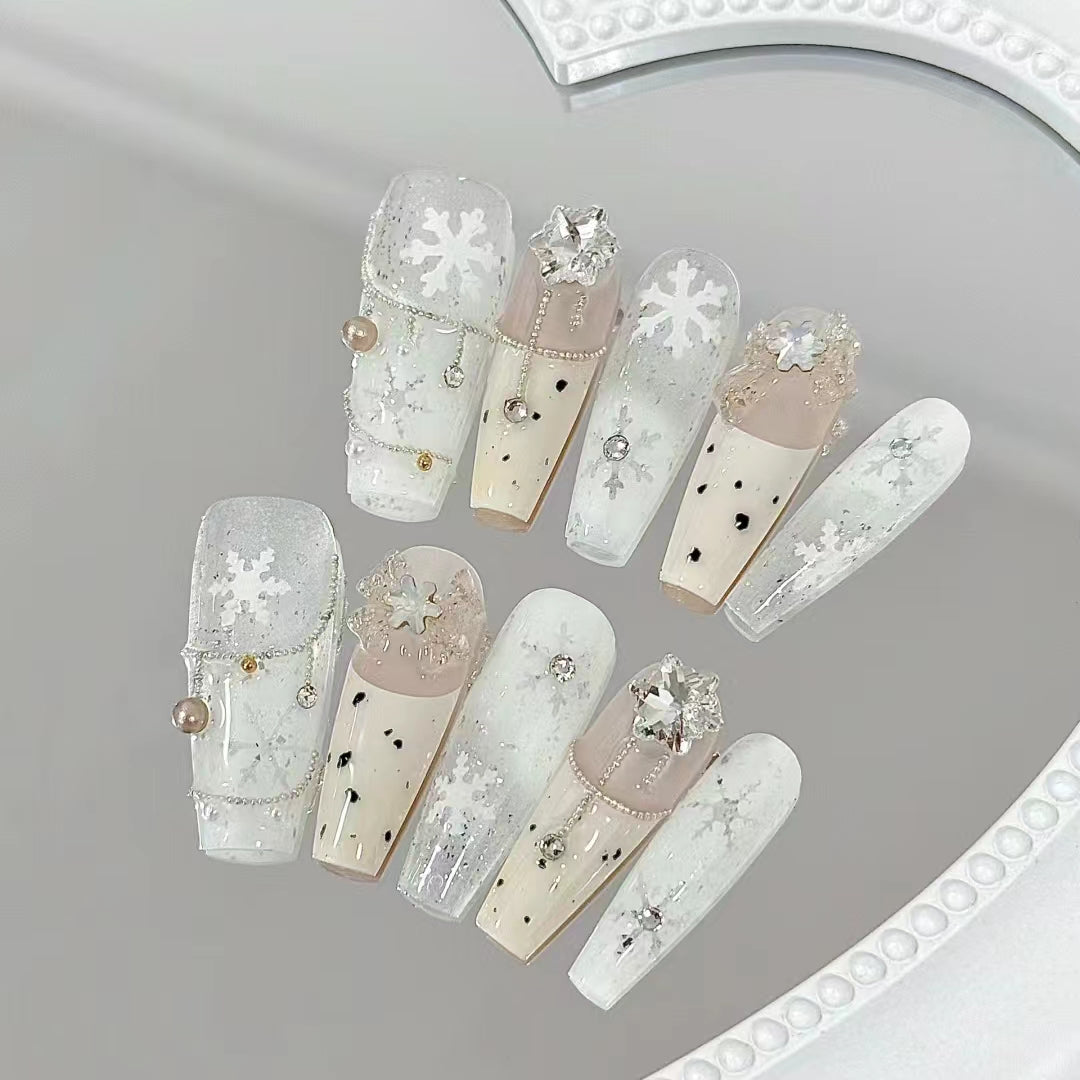 Ice transparent nude snowflake handmade nail art, girl heart wearing armor