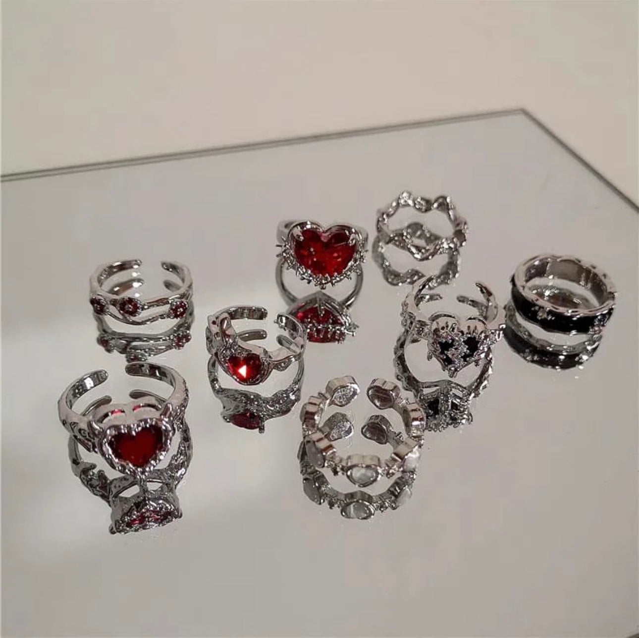 Kpop Fashion Punk Red Crystal Heart Irregular Open Metal Rin