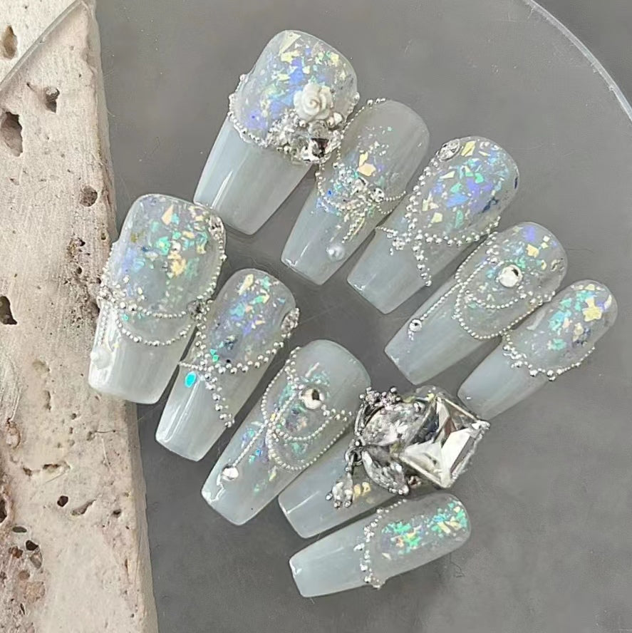 Handmade French style blue and white sugar pile diamond nail polish with detachable use