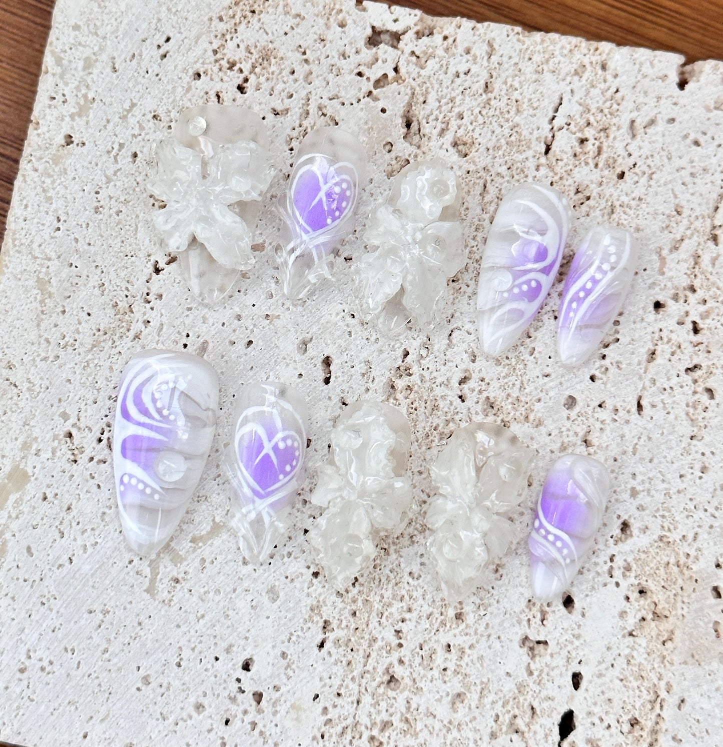 Ethereal 3D Floral Nail Set with Lavender Accents