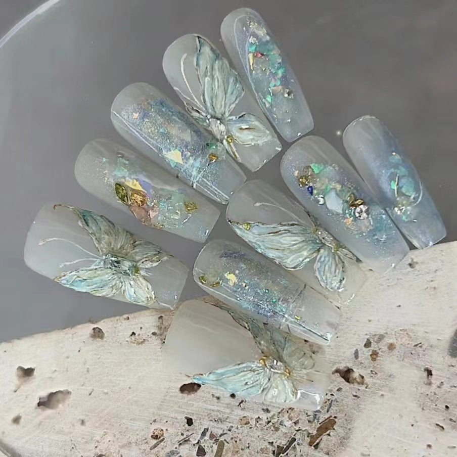 Blue nail butterfly sticker 2024 new high-end dopamine 3D relief white liquid