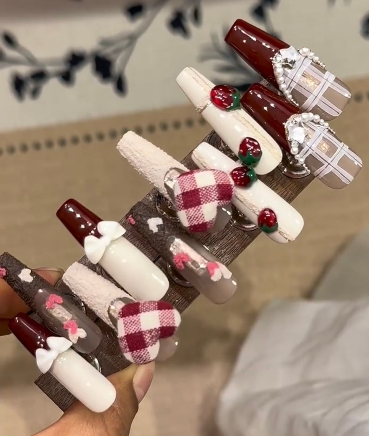 Red plaid strawberry love nails