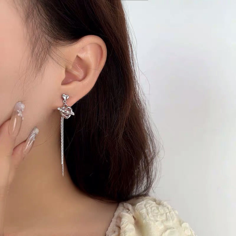 Sweet temperament pink love long tassel stud earrings women's light luxury ins high-end fashion personality versatile earrings