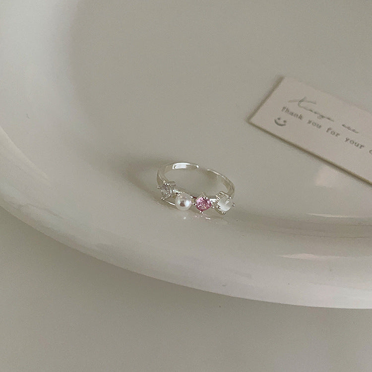 Pink zircon drip oil flower ring women's design niche sweet personality simple and versatile temperament ring ring