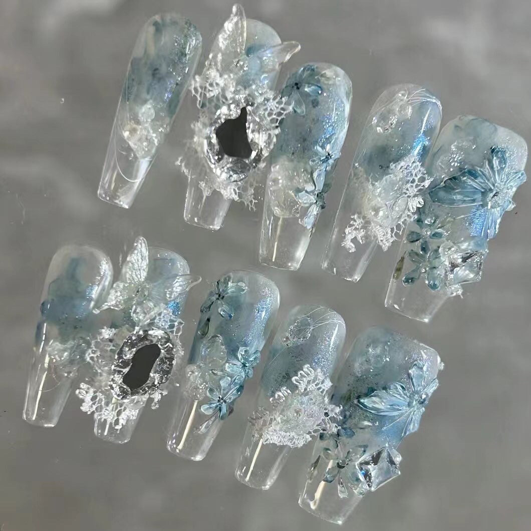Blue ice butterfly flower cool nails