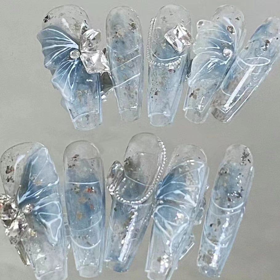 Blue Jade Butterfly Nail Art Ice Sand Super Sparkling Immortal Spirit Nail Art Pure Handmade