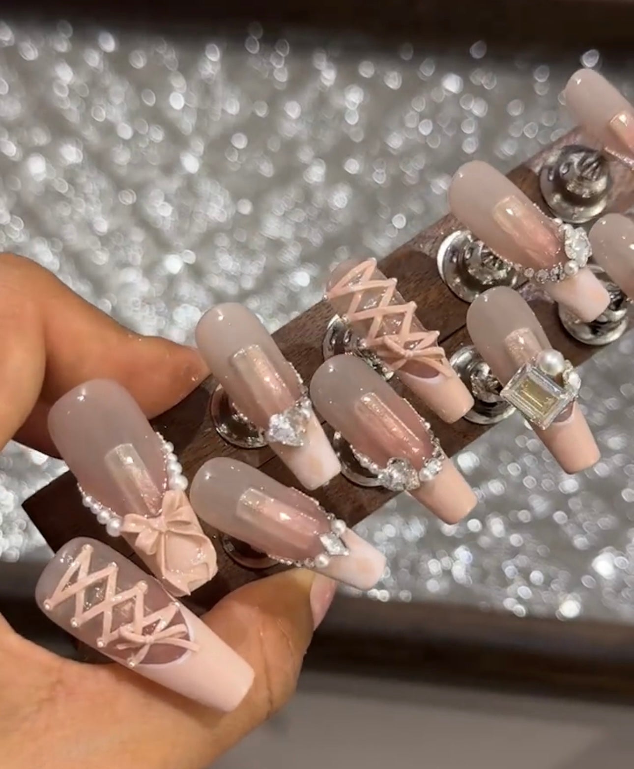 Swarovski pink strap bow nails
