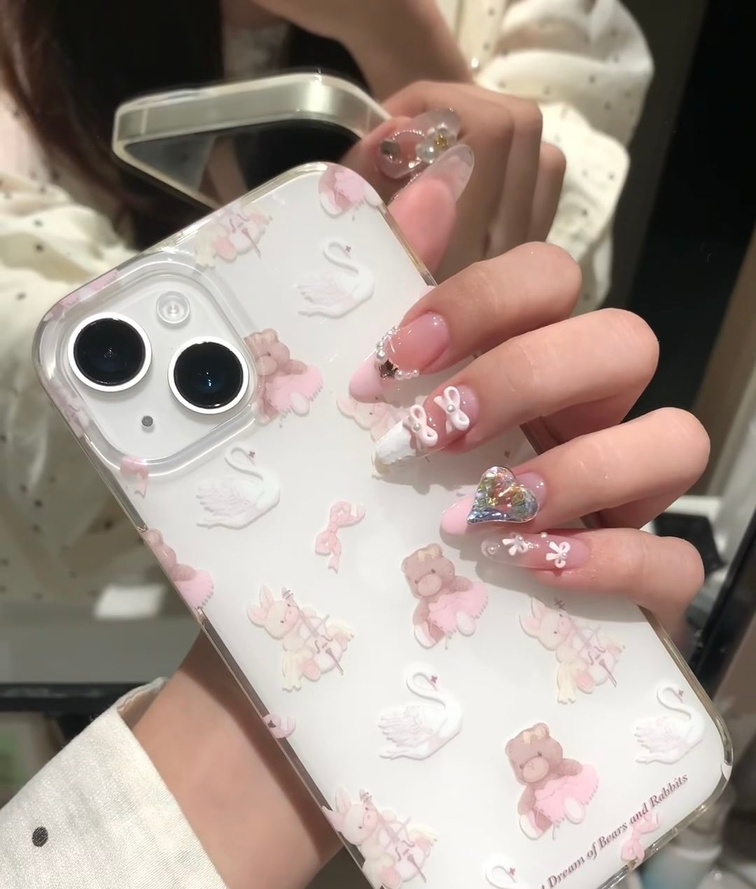 Elegant Pink Charm Nail Set with 3D Heart & Bow Accents