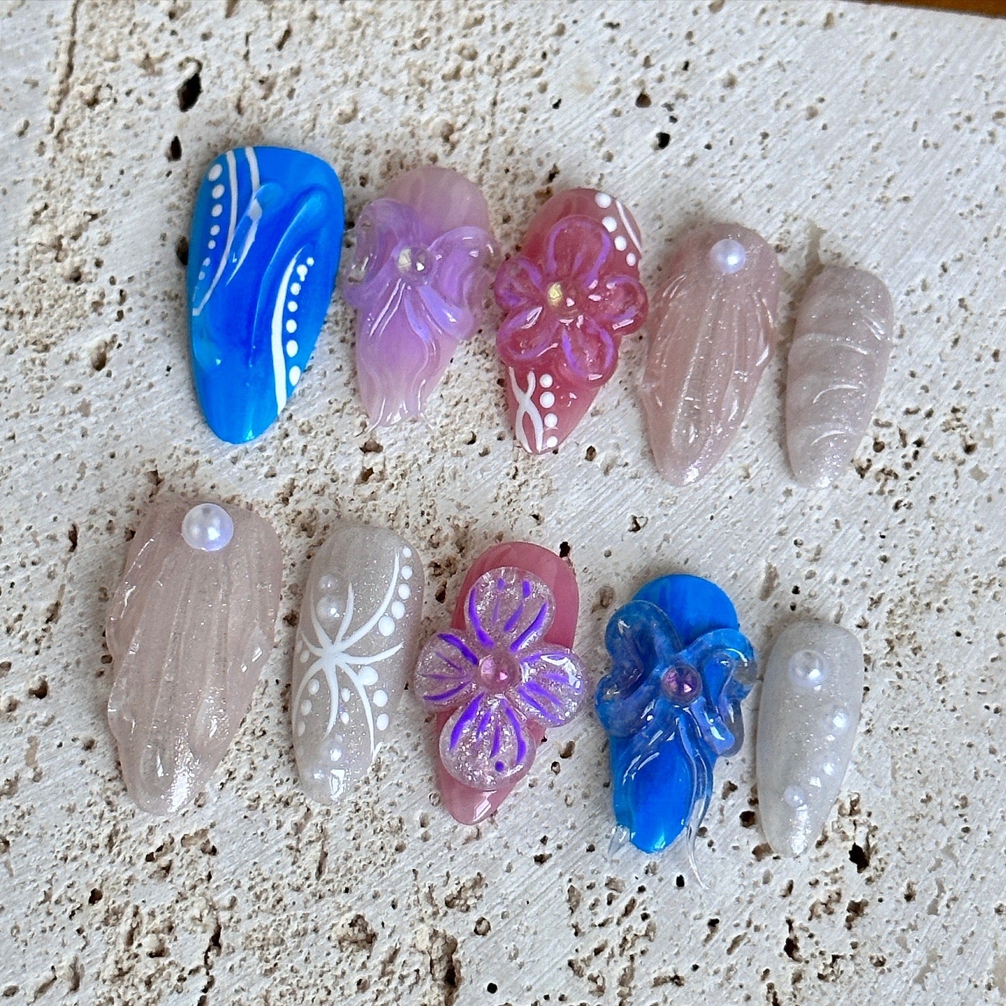 Vibrant 3D Floral and Pearl Press-On Nails