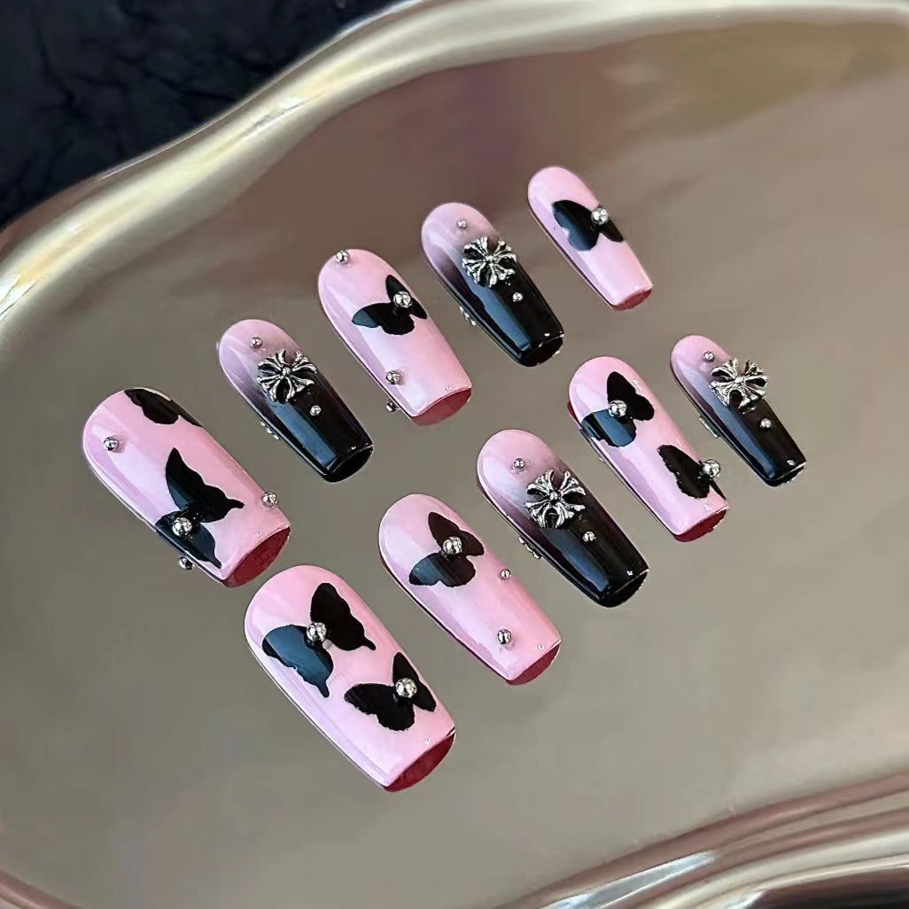 Black Crushed Diamond Butterfly Gradient Pile Diamond New Internet Red Spicy Girl Nail Beauty Wearing Armor Finished Product