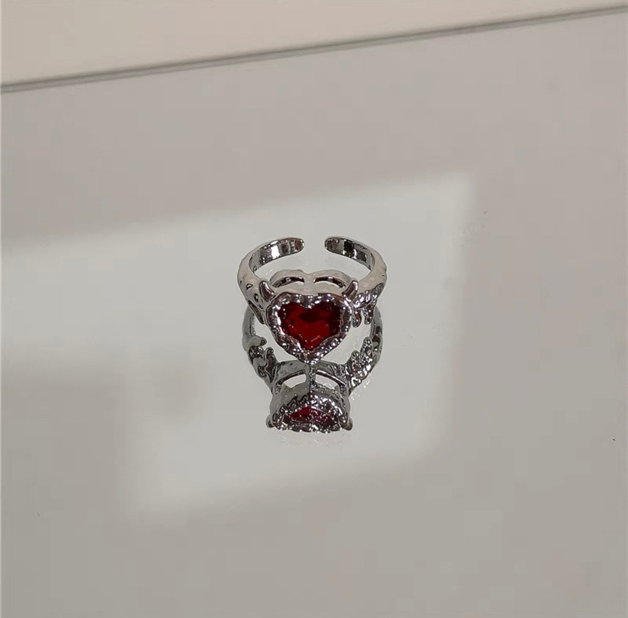 Kpop Fashion Punk Red Crystal Heart Irregular Open Metal Rin