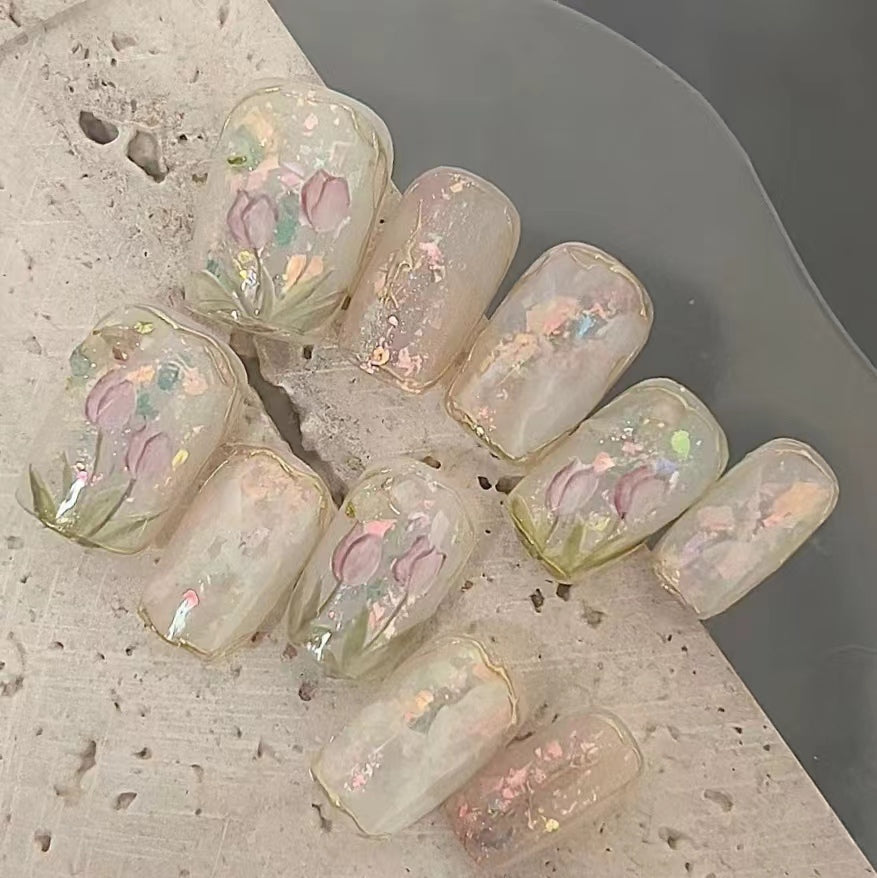 Tulip Ice Transparent Fine Sparkling Hand Painted Halo Dyed Nail Wearing Sheet