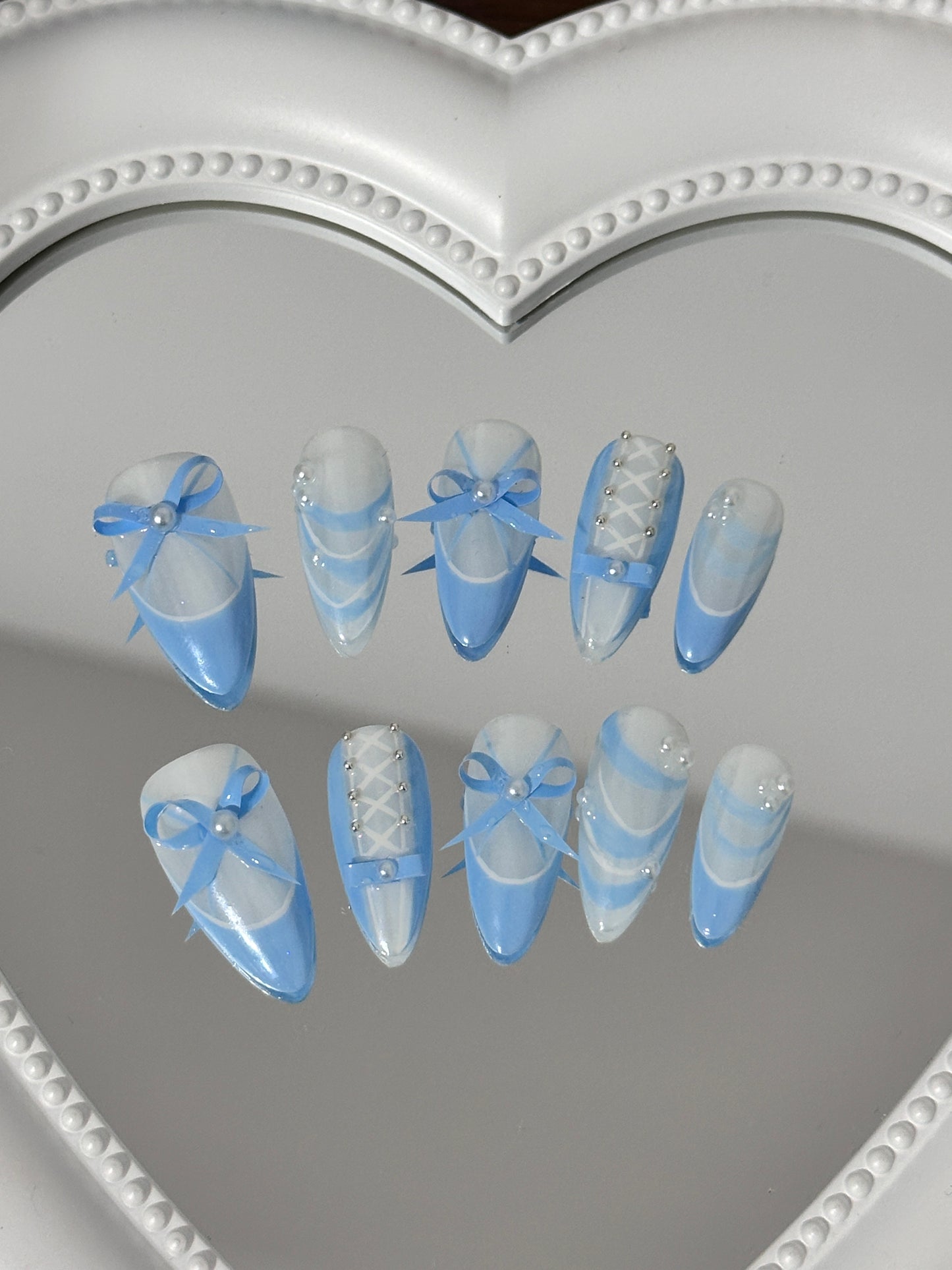 Elegant Ballet-Inspired Blue Ribbon Nail(size M)