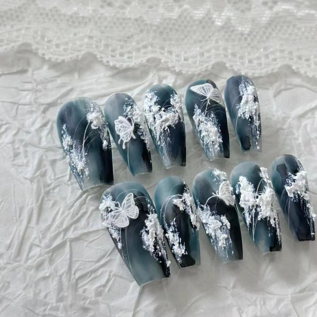 Handmade wearing armor Y2K silver white three-dimensional hand drawn silver chain nail art
