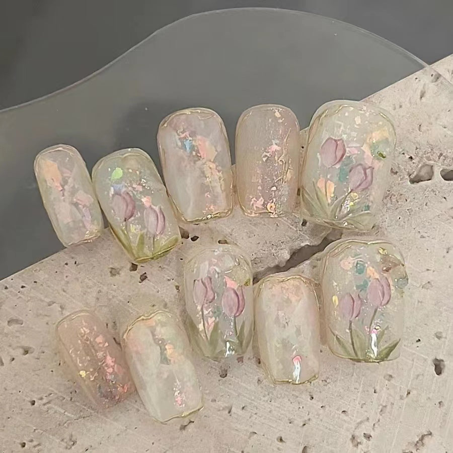 Tulip Ice Transparent Fine Sparkling Hand Painted Halo Dyed Nail Wearing Sheet
