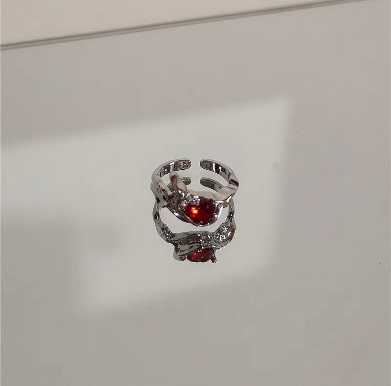 Kpop Fashion Punk Red Crystal Heart Irregular Open Metal Rin