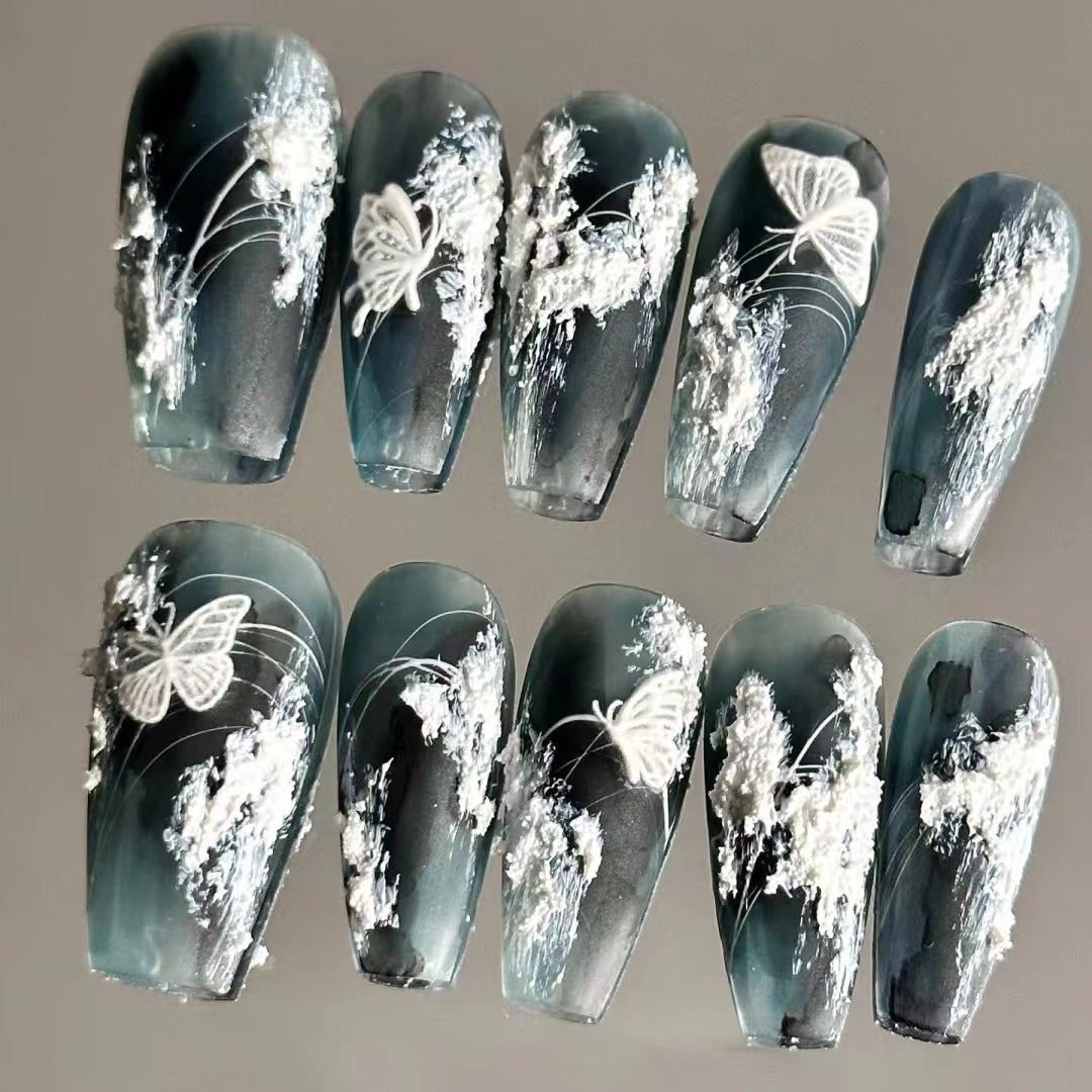 Handmade wearing armor Y2K silver white three-dimensional hand drawn silver chain nail art