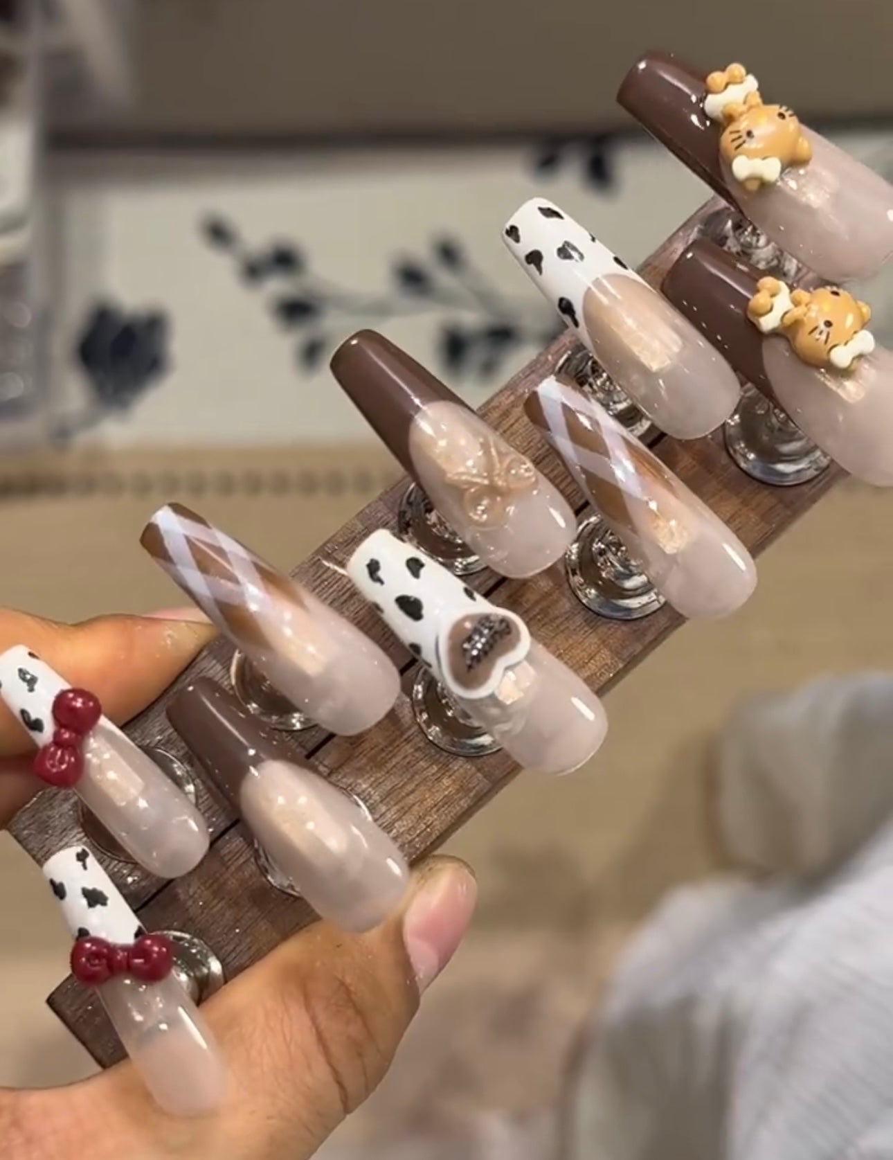 Autumn cow pattern hello Kitty nails