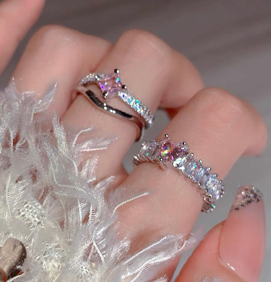 Pink Galaxy/niche design pink diamond ring love zircon fashionable versatile girl sweet and cool index finger ring
