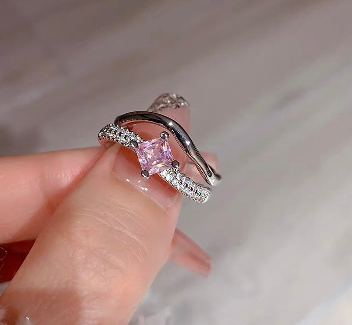 Pink Galaxy/niche design pink diamond ring love zircon fashionable versatile girl sweet and cool index finger ring