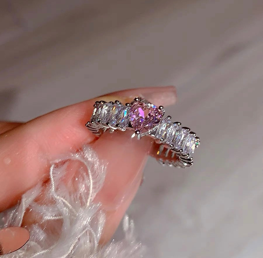 Pink Galaxy/niche design pink diamond ring love zircon fashionable versatile girl sweet and cool index finger ring