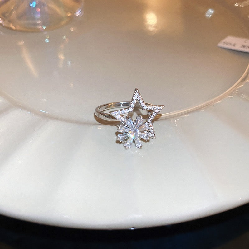 Zircon snowflake rotatable opening ring temperament light luxury high-end index finger ring