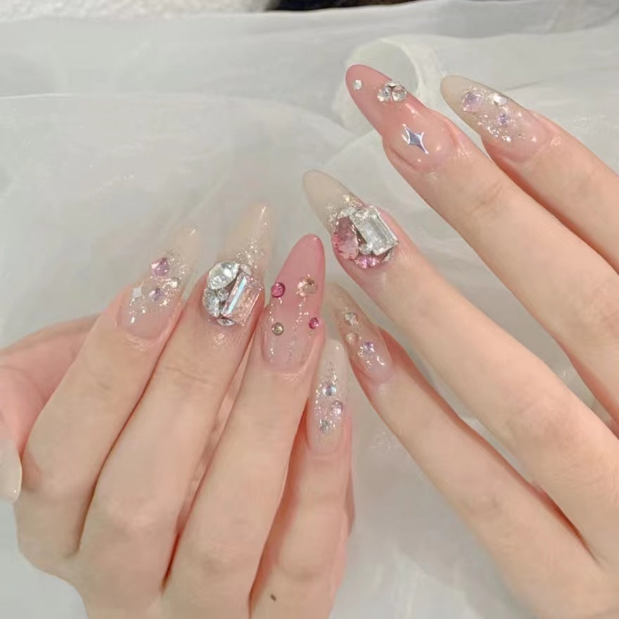 Twisted star pink delicate diamond press on nail