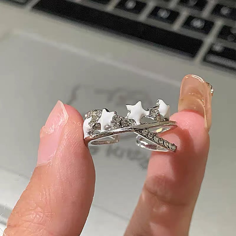 Cream star super shiny light blue ring female open design ins advanced girl heart ring