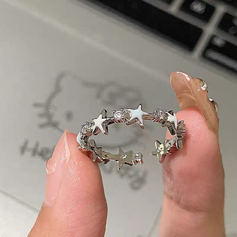 Cream star super shiny light blue ring female open design ins advanced girl heart ring