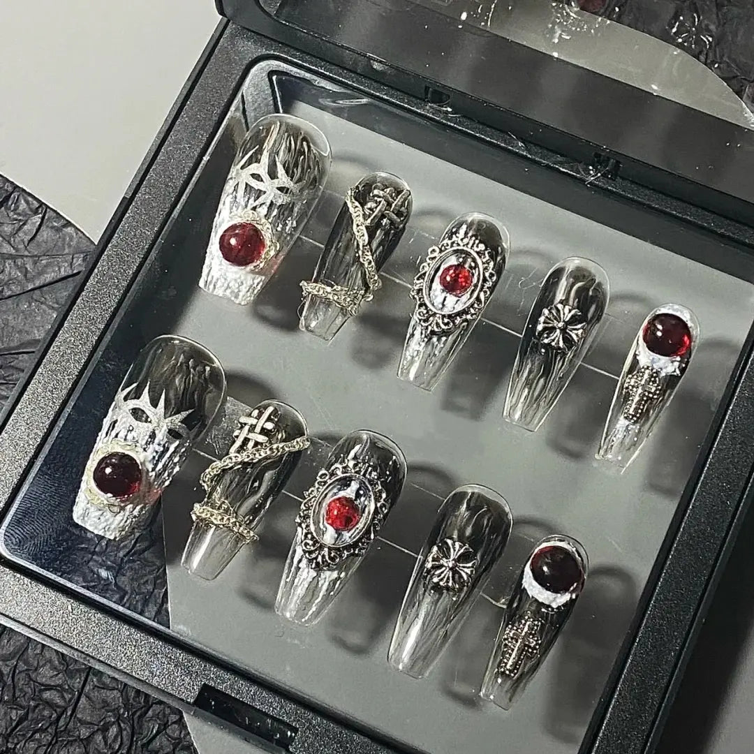 Handmade phototherapy, wearing nail enhancement, internet celebrity, same Japanese style ins, large red diamond, transparent black base, gradient