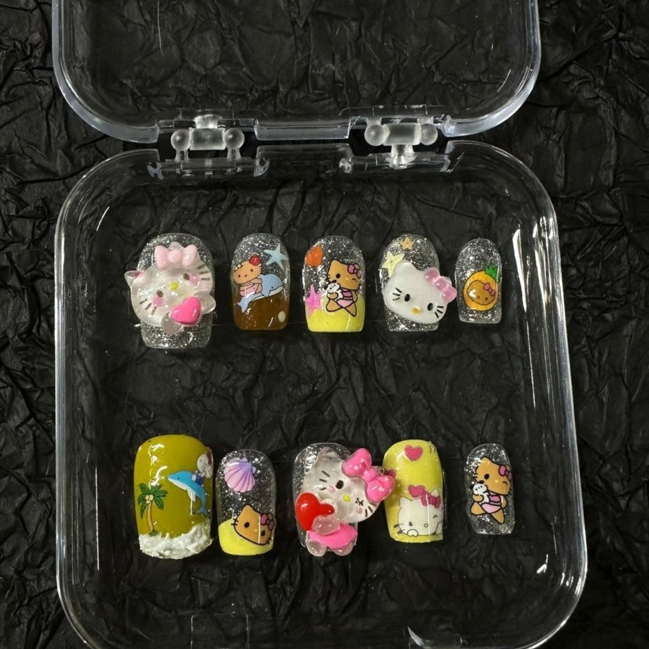 Hello Kitty Wearing Nail Short and Medium Nail Enhancement Black Leather Kitty Cat Y2K Spicy Girl Style Cute Detachable