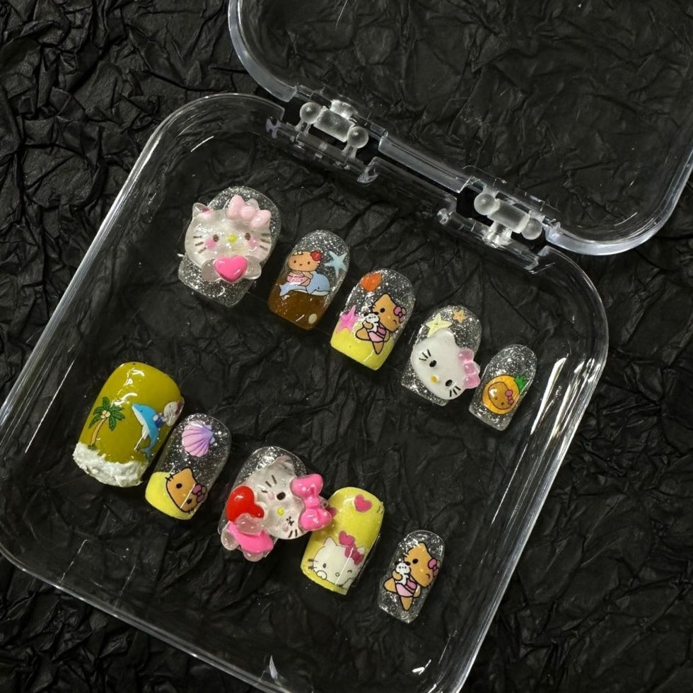 Hello Kitty Wearing Nail Short and Medium Nail Enhancement Black Leather Kitty Cat Y2K Spicy Girl Style Cute Detachable