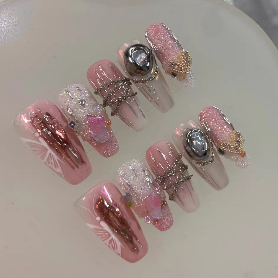 Wearing Nail Customized Advanced Japanese Pink and Daisy Handmade Nail Enhancement Finished False Nail Patch Heavy Industry Metal Sweet Cool Spicy Girl