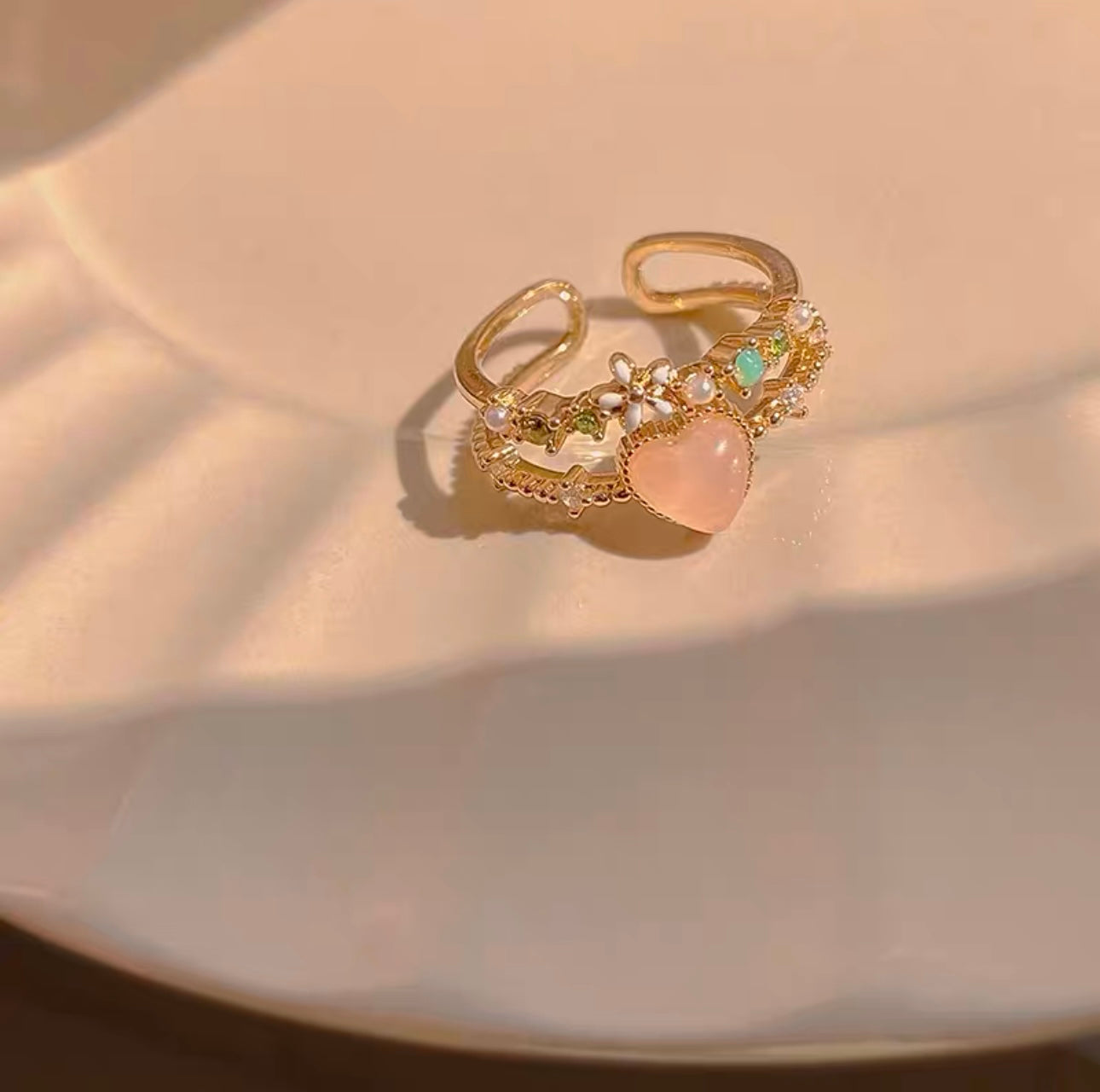 Personalized high-end exquisite ring double-layer flower zircon love ring female niche design cat's eye stone opening ring