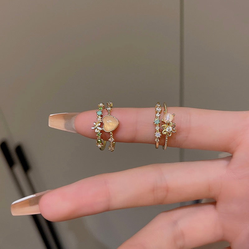 Personalized high-end exquisite ring double-layer flower zircon love ring female niche design cat's eye stone opening ring