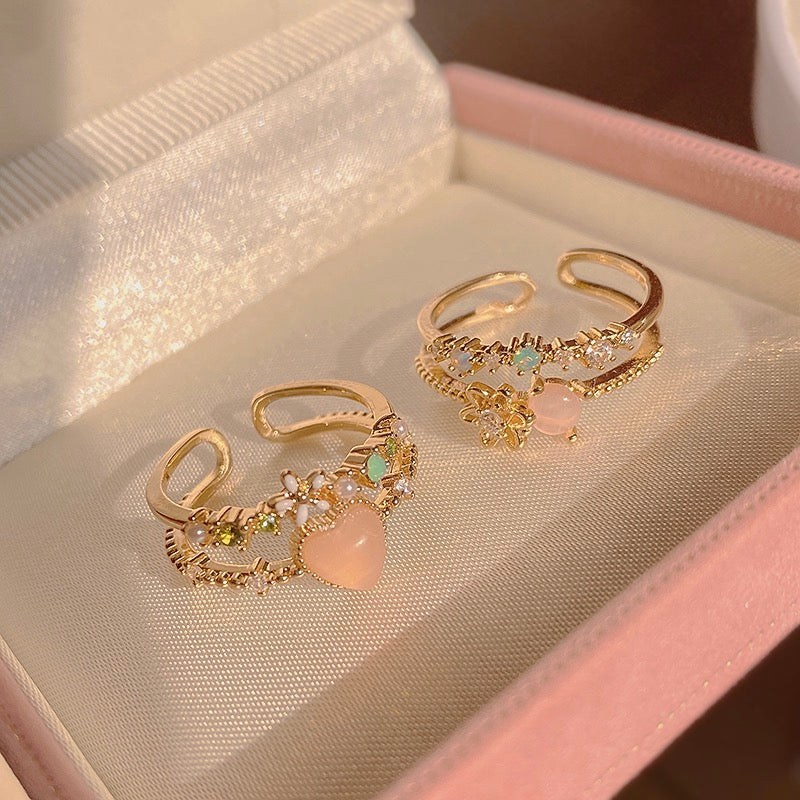 Personalized high-end exquisite ring double-layer flower zircon love ring female niche design cat's eye stone opening ring