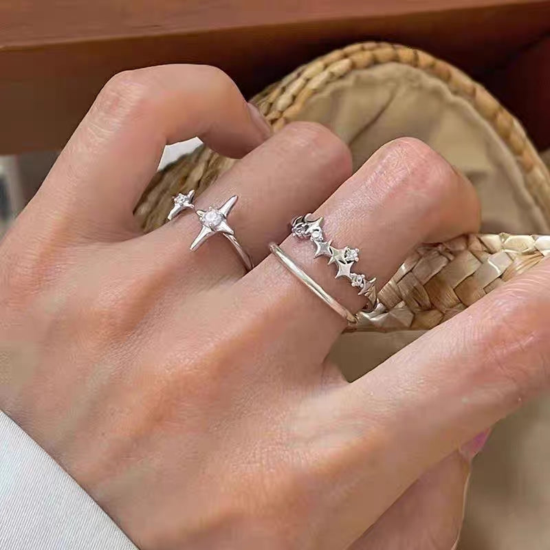 Personalized and versatile 925 silver star combination ring ins with cool and niche design, adjustable opening index finger ring