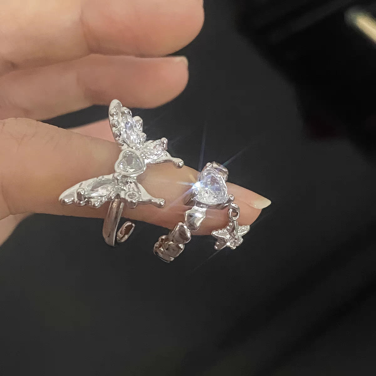 European and American sweet and cool drop glaze design butterfly ring, niche light luxury, fashionable and exquisite index finger ring