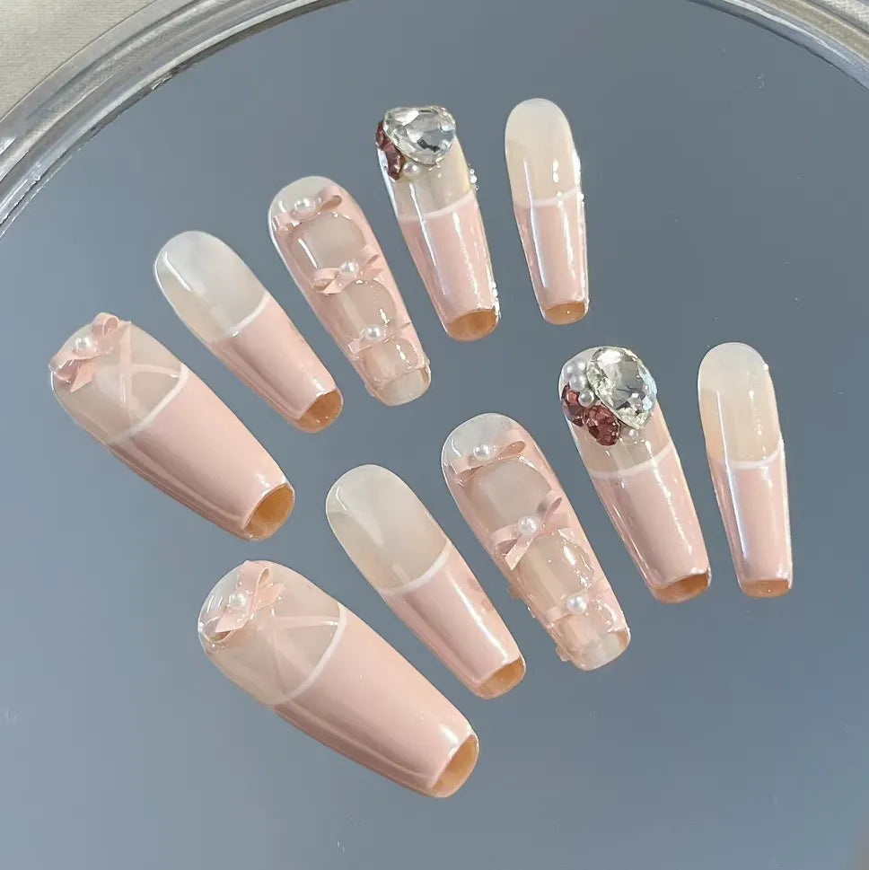 Handmade Wearing Nail Fingertip Ballet with High Grade Diamonds and Bow Ties French Style Style Nail Art