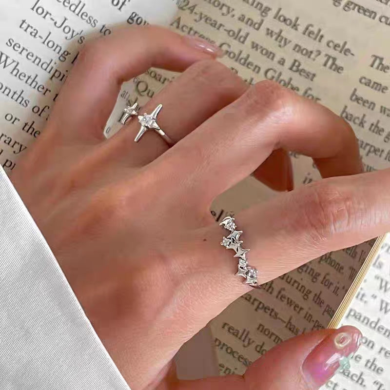 Personalized and versatile 925 silver star combination ring ins with cool and niche design, adjustable opening index finger ring