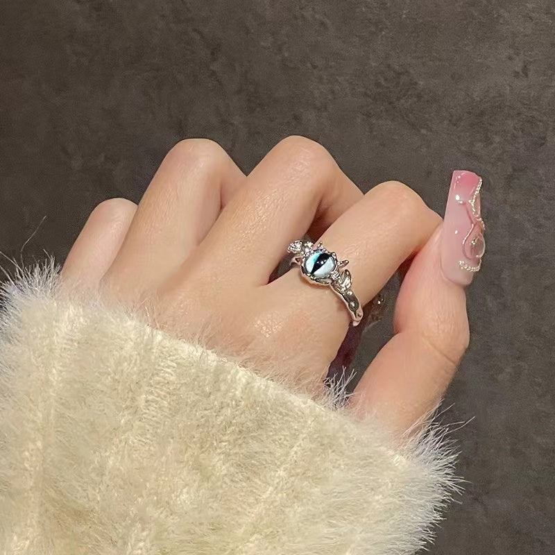 Niche design bat cat's eye stone high sense black and white gemstone open ring