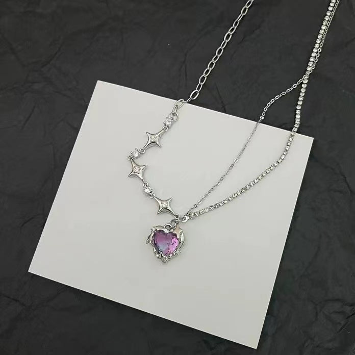 zirconia necklace double layer super fairy purple love pendant chain
