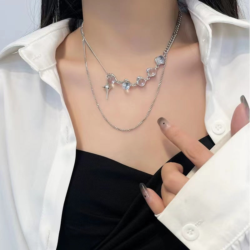 Sweet cool spicy girl light luxury transparent round beads stitching star mango necklace female niche double layer stacked wear ins hip-hop collarbone chain