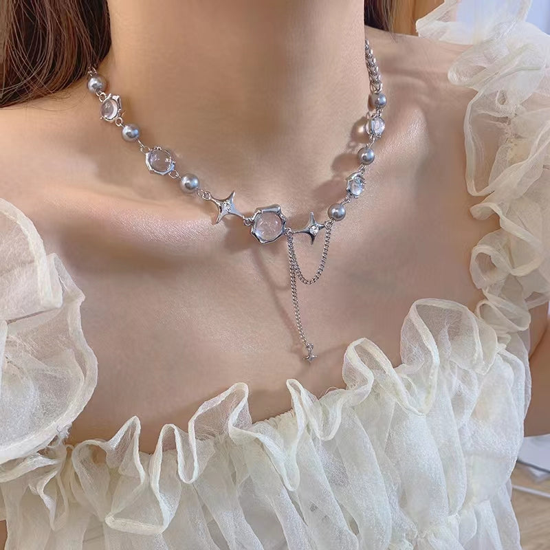 Moonlight zirconia cross tassel necklace