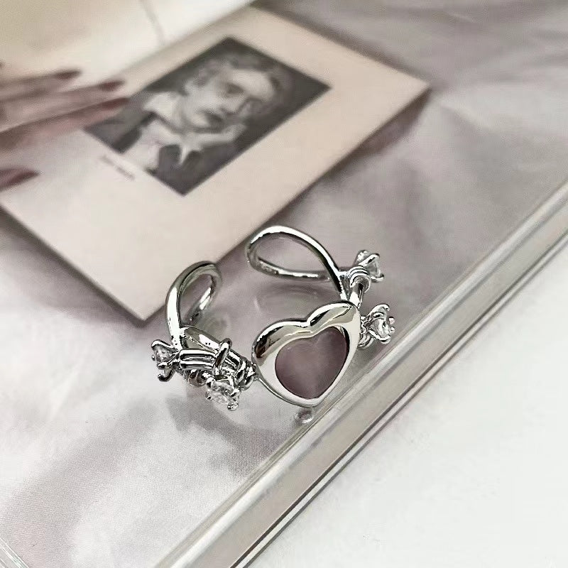 Pink love cat's eye stone open ring peach heart thorn zirconia ring