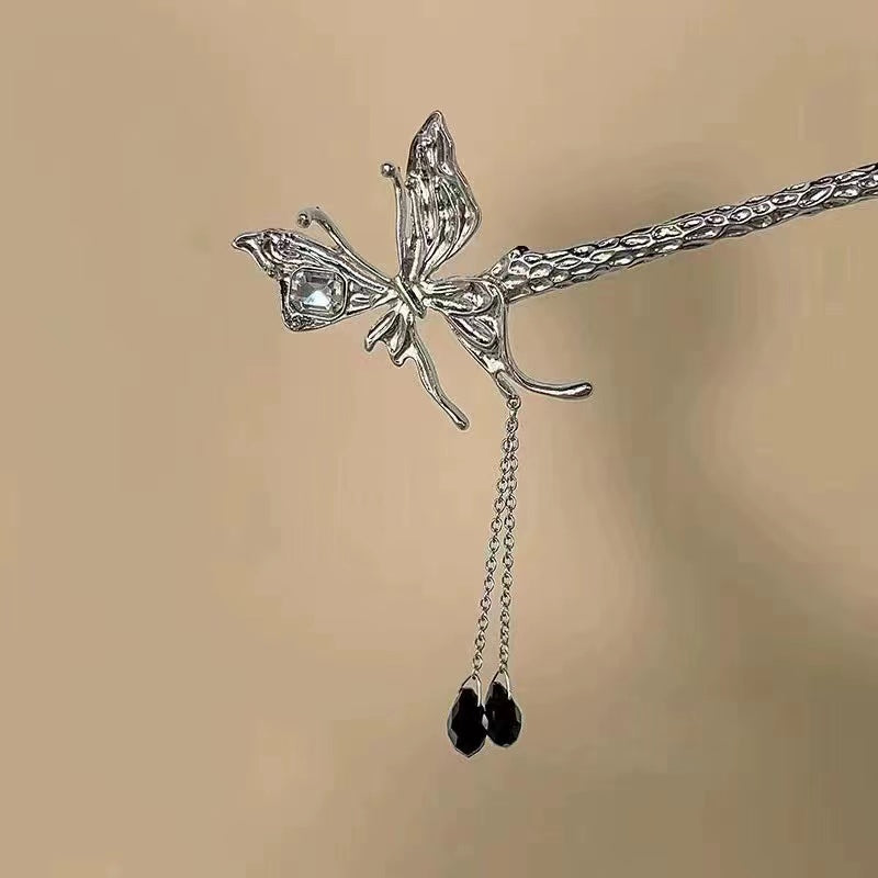 Butterfly long tassel black crystal pendant metal hairpin
