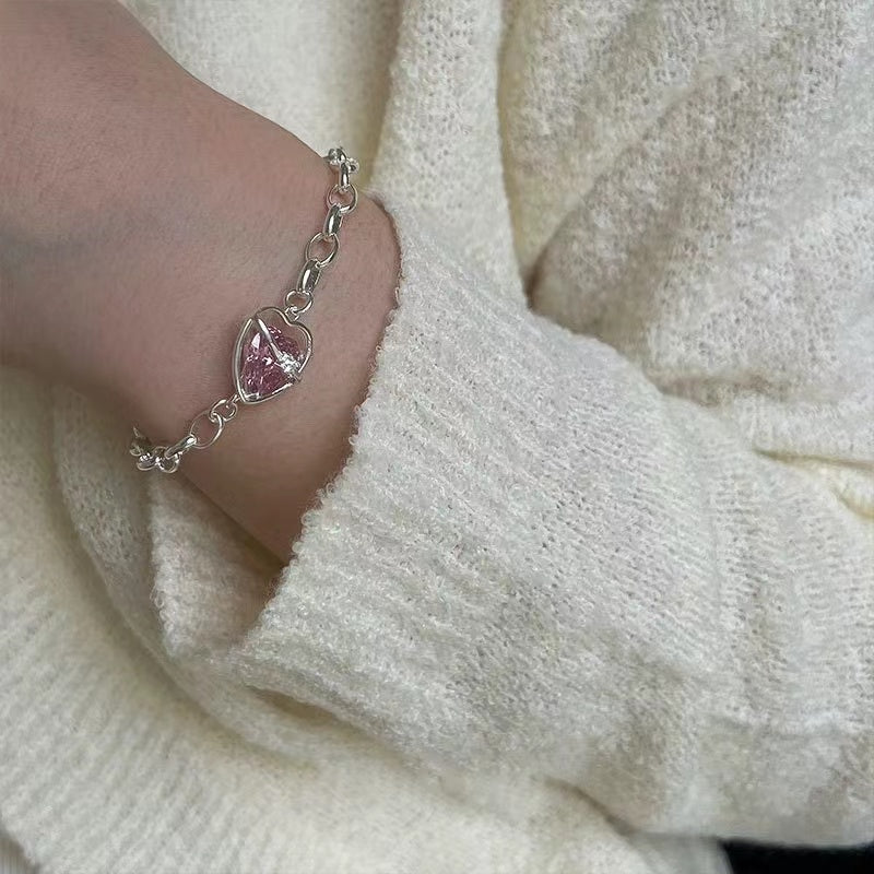 S925 silver sweet pink love bracelet female temperament fashion elegant peach heart bracelet ins literary hand jewelry