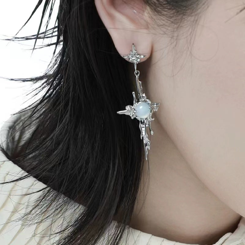 Chinese national tide wind white agate Cross Earrings
