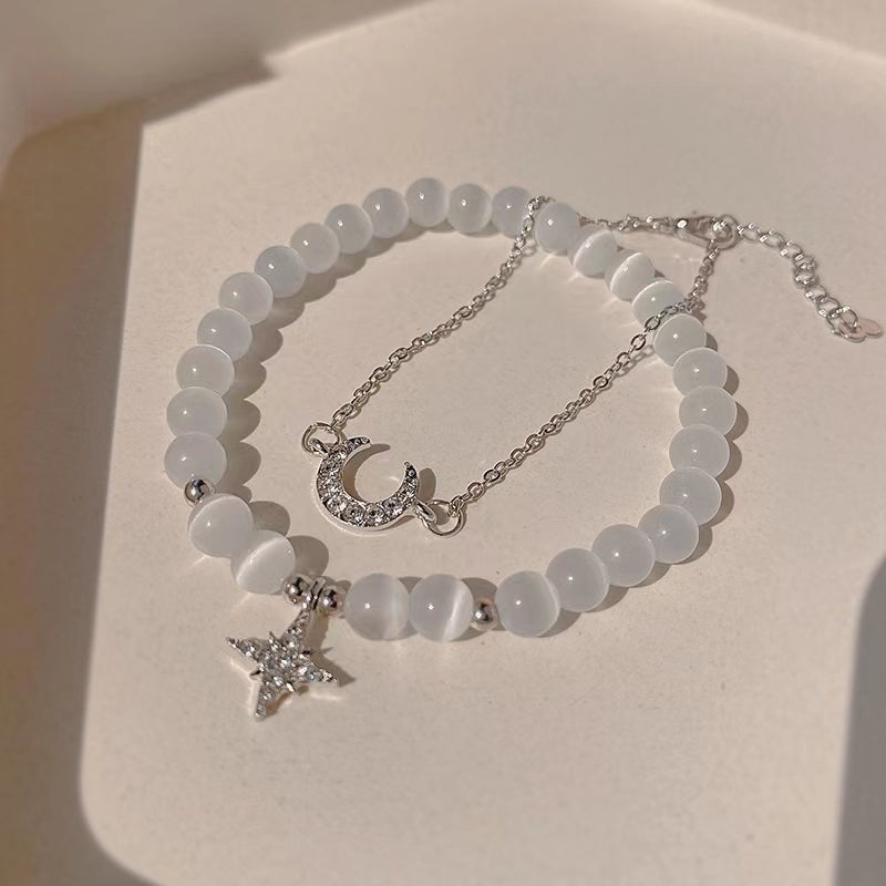 Cat's eye stone and diamond star and moon couple bracelet