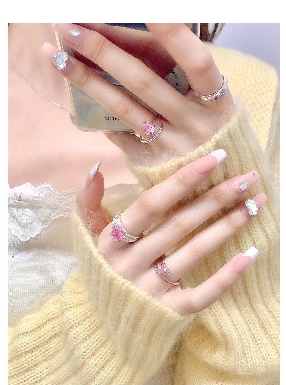 Pink heart silver ring